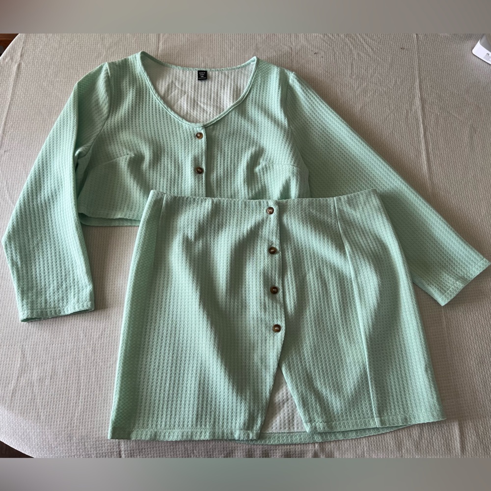 Plus Size Waffle Knit Top & Buttoned Up Skirt